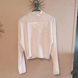 White Sequin Ribbed Mock Neck Sweater